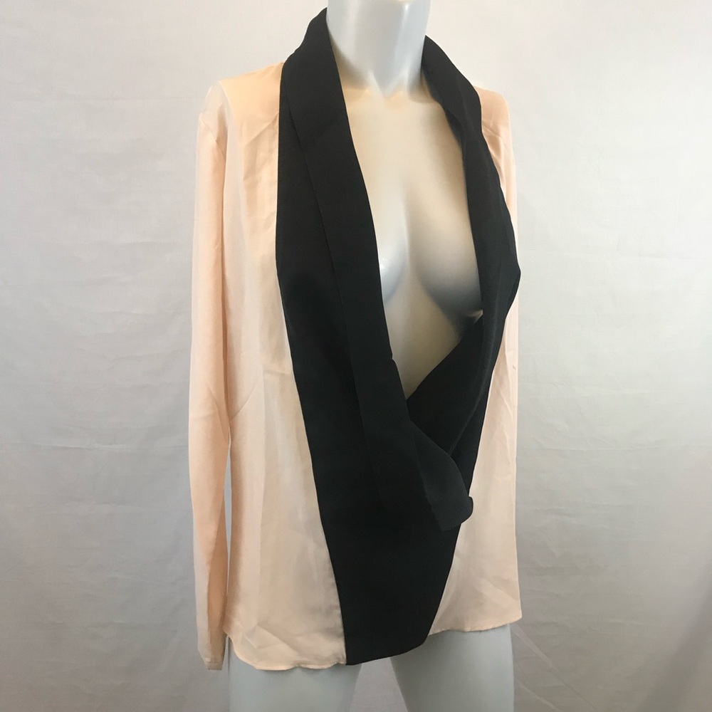 Peach and Black Draped Lapel Chiffon Top